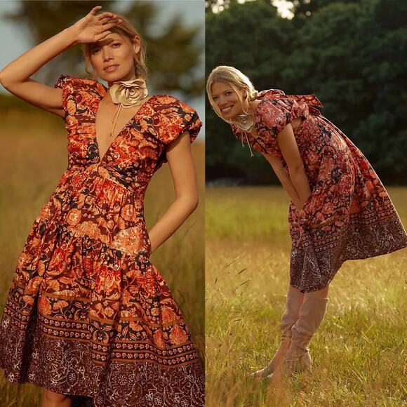 NWT Anthropologie Red Motif Floral Cotton Tie Back V Neck Babydoll Midi Dress 2 - Picture 2 of 15